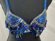 Charming BLUE Gold Tribal Zari Bra Belly Dance Samba Bra Custom Carnival Bra Tassel Pendant Sequin Long Fringe. Many colors available