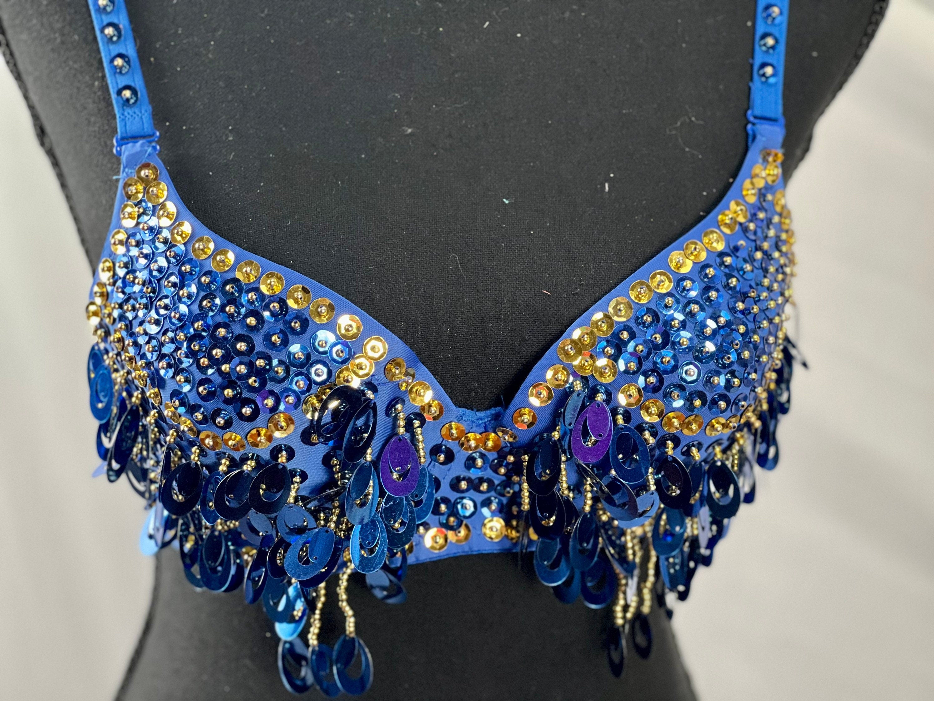 Charming BLUE Gold Tribal Zari Bra Belly Dance Samba Bra Custom Carnival Bra Tassel Pendant Sequin Long Fringe. Many colors available