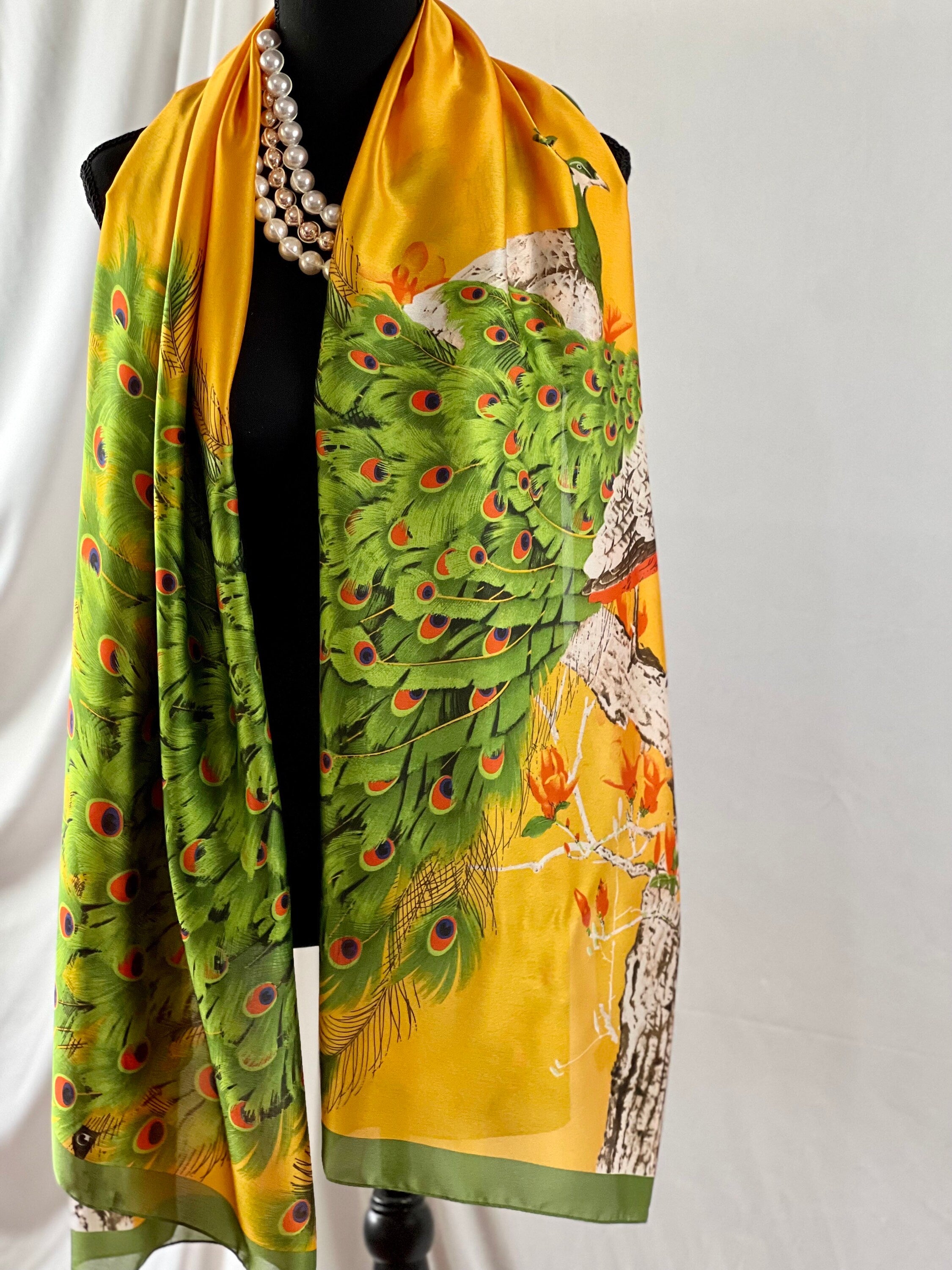 Satin Silk Scarf Elegant Peacock Feather Pattern Yellow and Green Silky Satin Blanket Scarf Shawl