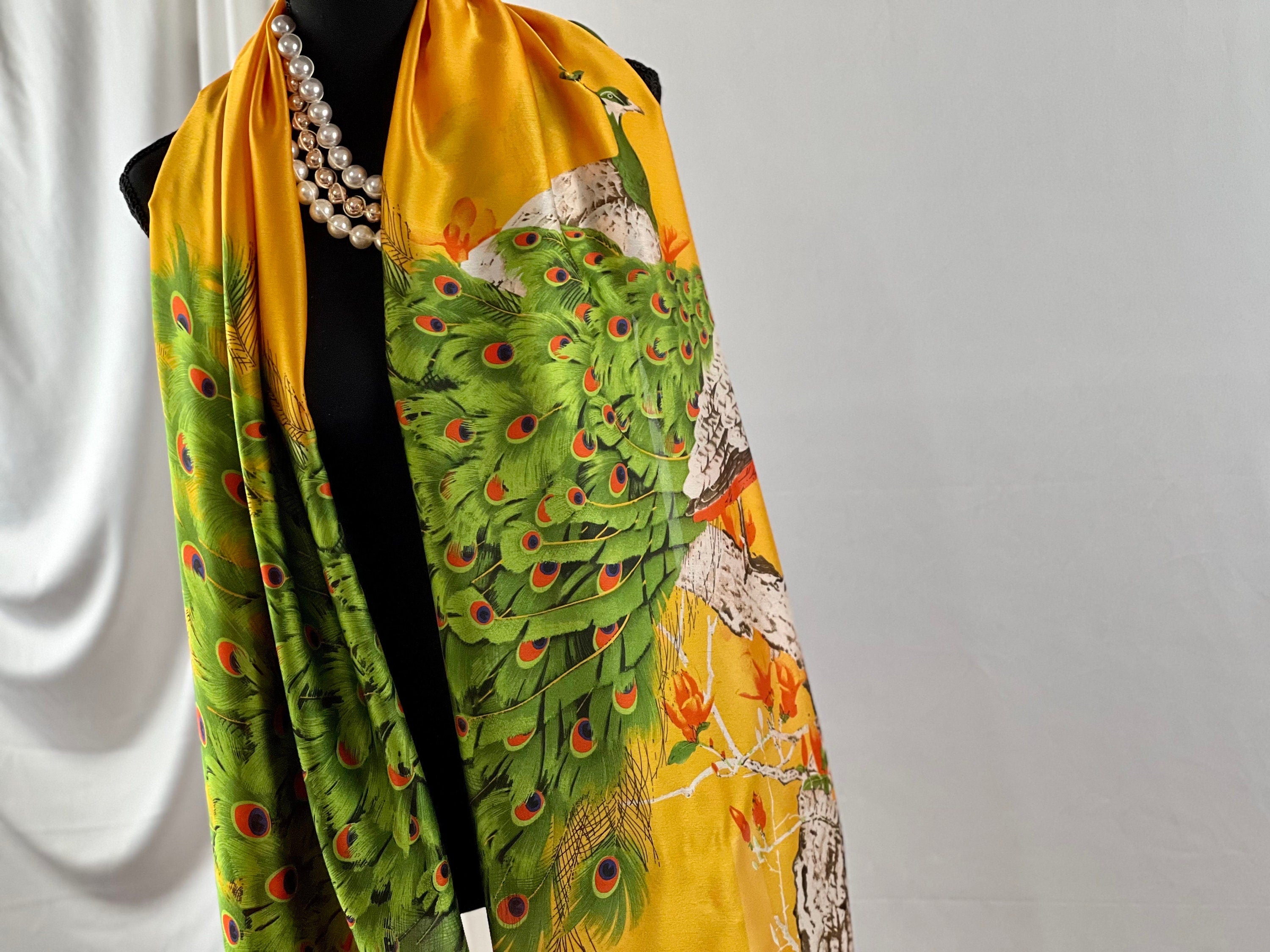 Satin Silk Scarf Elegant Peacock Feather Pattern Yellow and Green Silky Satin Blanket Scarf Shawl