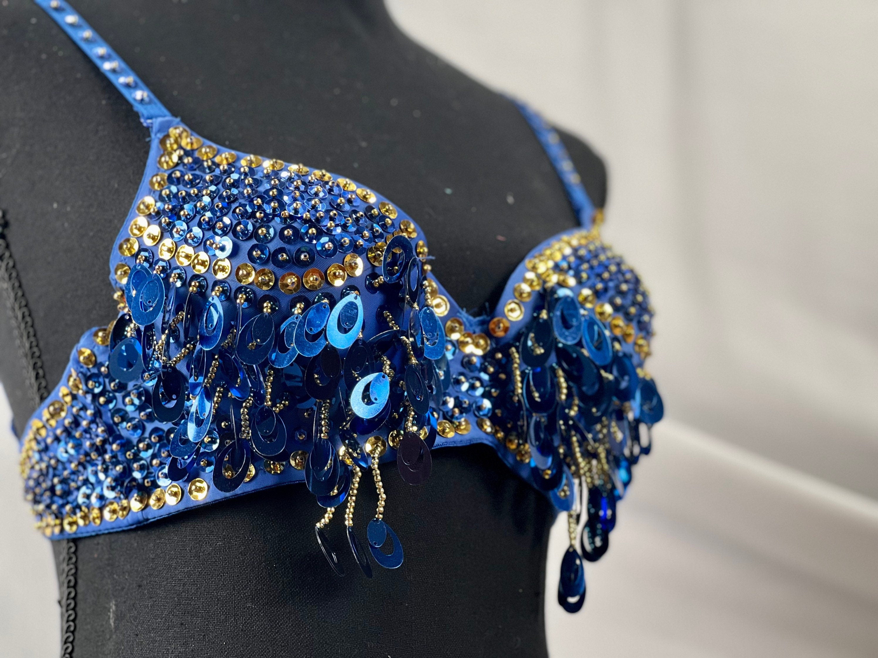 Charming BLUE Gold Tribal Zari Bra Belly Dance Samba Bra Custom Carnival Bra Tassel Pendant Sequin Long Fringe. Many colors available