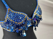 Charming BLUE Gold Tribal Zari Bra Belly Dance Samba Bra Custom Carnival Bra Tassel Pendant Sequin Long Fringe. Many colors available