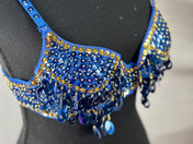 Charming BLUE Gold Tribal Zari Bra Belly Dance Samba Bra Custom Carnival Bra Tassel Pendant Sequin Long Fringe. Many colors available