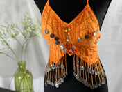 Orange Bras Handmade Bling Tassel Pink Belly Dance Sequined Bra Top, Butterfly shape top, Tassel Sequin Halter Salsa Belly Dance Costume