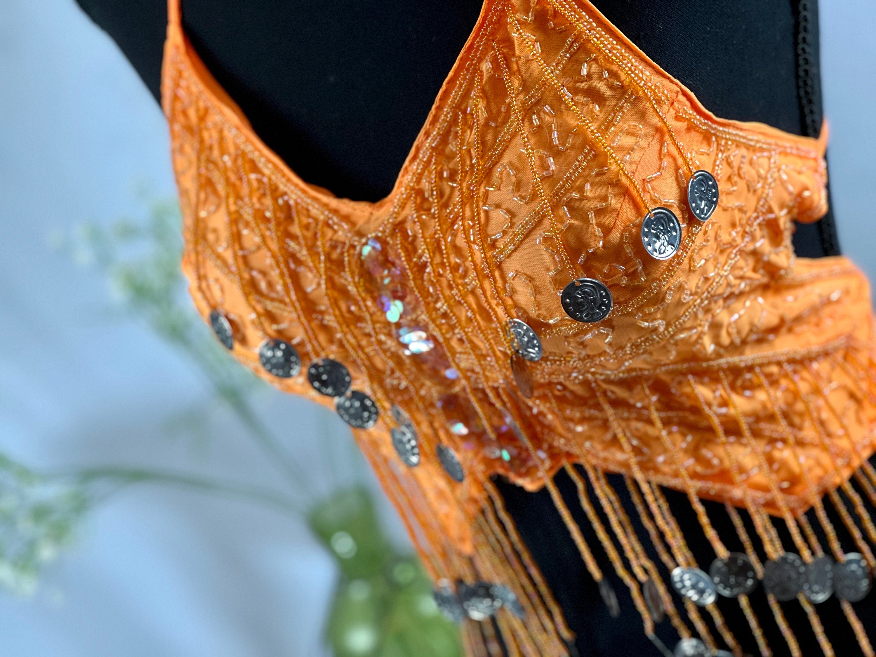 Orange Bras Handmade Bling Tassel Pink Belly Dance Sequined Bra Top, Butterfly shape top, Tassel Sequin Halter Salsa Belly Dance Costume