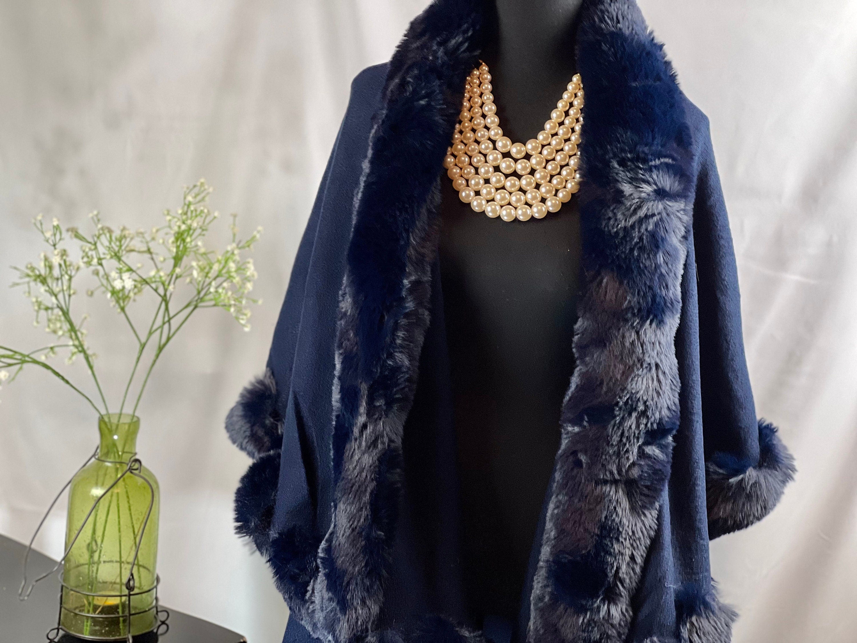 Chic NAVY BLUE Cape Winter Wool Acrylic Vintage Ruana Batwing Shawl Faux Fur Wedding Bridal Coat Evening Party Soft Feel Faux Fur