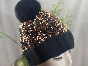 Gold Sequin Black Pom Pom Beanie Hat Winter Hat Beanie Hat, Slouchy style beanie. Bling Sequin skull cap. Sparkle Pom Pom Beanie Hat