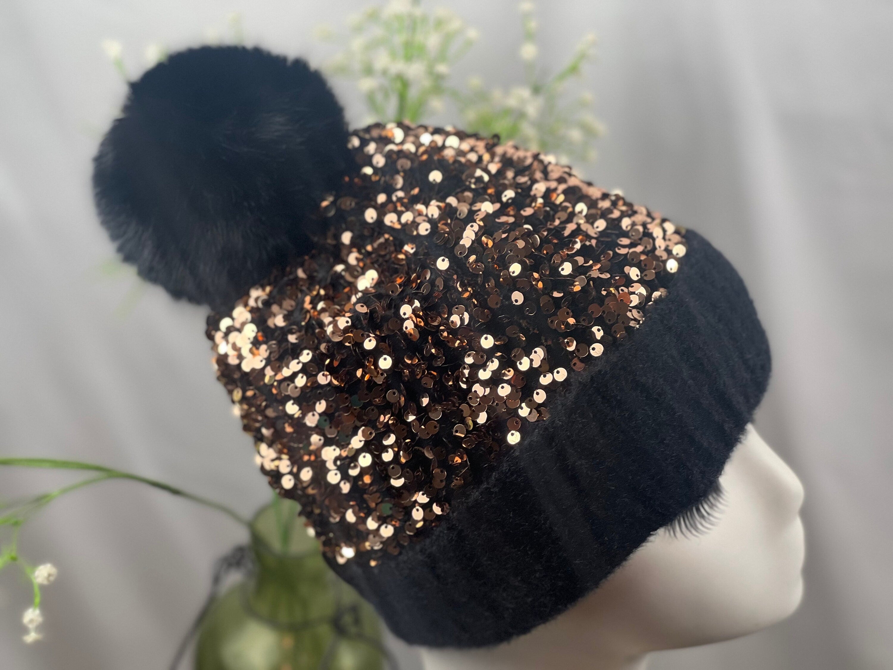 Gold Sequin Black Pom Pom Beanie Hat Winter Hat Beanie Hat, Slouchy style beanie. Bling Sequin skull cap. Sparkle Pom Pom Beanie Hat