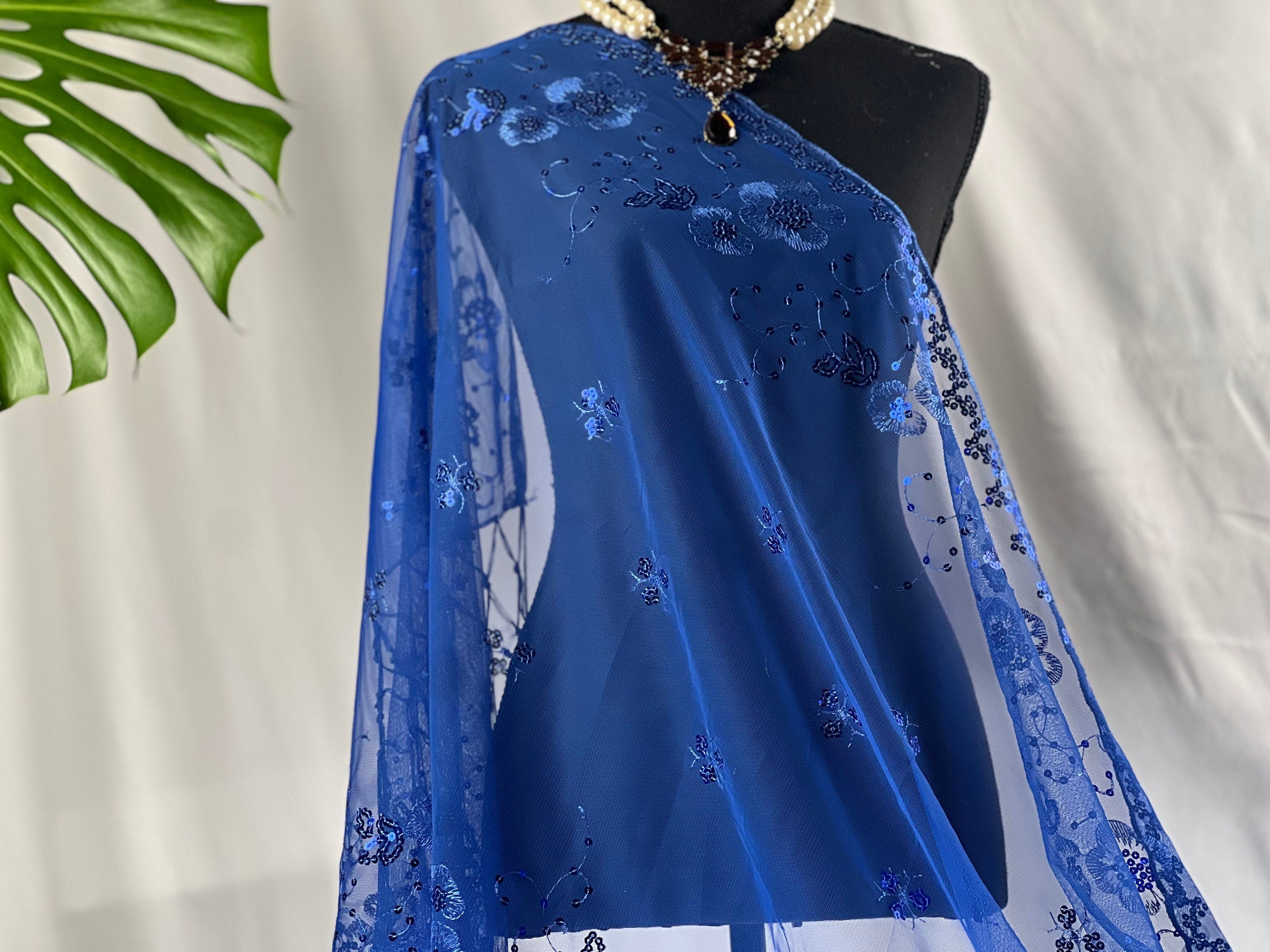 Royal blue Tassel Sequin Scarf Glittering Mesh Scarf,  Mesh Sequin Wedding Cape Fringed Evening Shawl, Bling Elegant Wrap