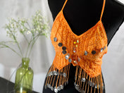 Orange Bras Handmade Bling Tassel Pink Belly Dance Sequined Bra Top, Butterfly shape top, Tassel Sequin Halter Salsa Belly Dance Costume