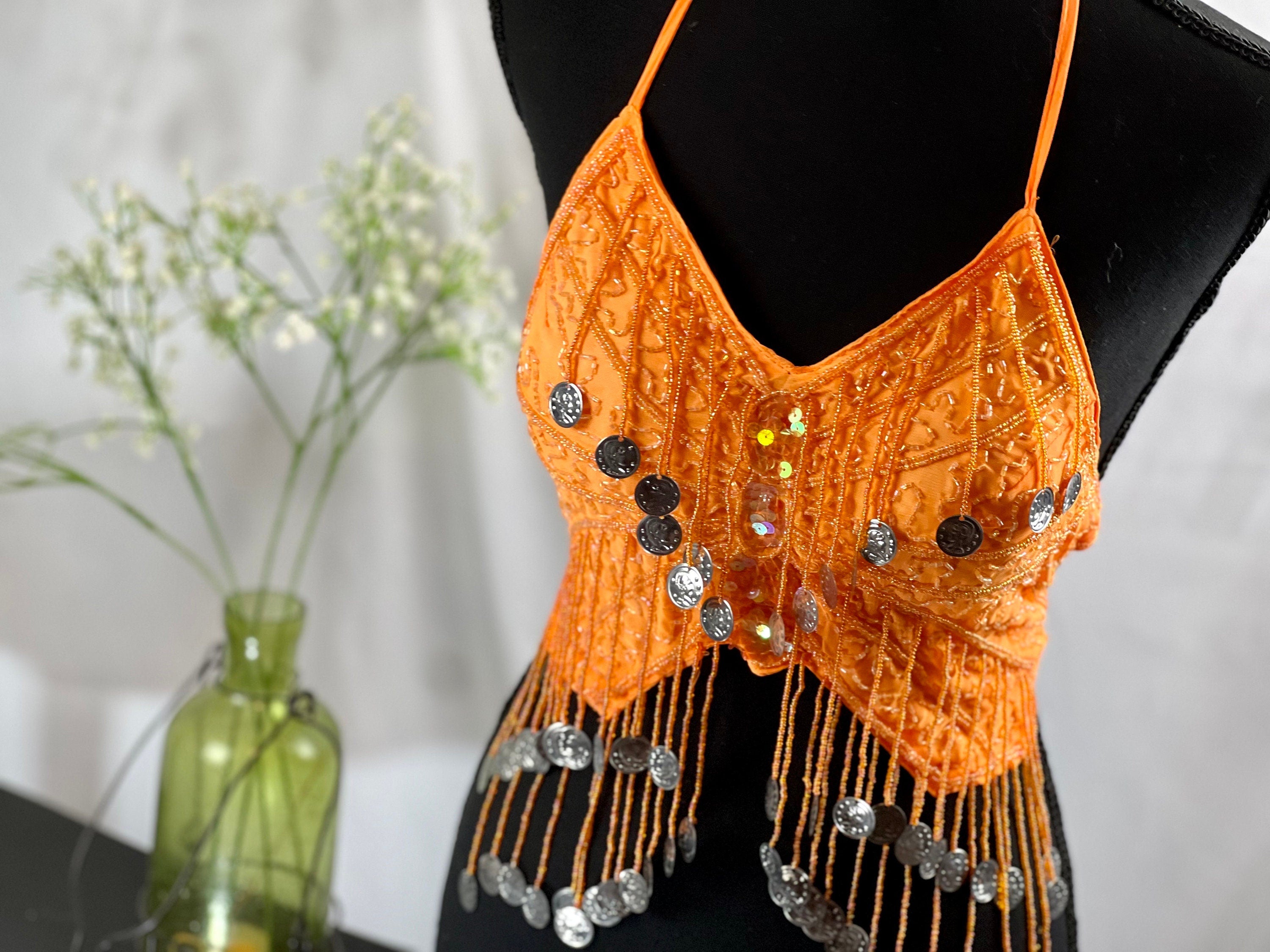 Orange Bras Handmade Bling Tassel Pink Belly Dance Sequined Bra Top, Butterfly shape top, Tassel Sequin Halter Salsa Belly Dance Costume