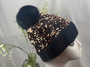 Gold Sequin Black Pom Pom Beanie Hat Winter Hat Beanie Hat, Slouchy style beanie. Bling Sequin skull cap. Sparkle Pom Pom Beanie Hat