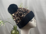 Gold Sequin Black Pom Pom Beanie Hat Winter Hat Beanie Hat, Slouchy style beanie. Bling Sequin skull cap. Sparkle Pom Pom Beanie Hat