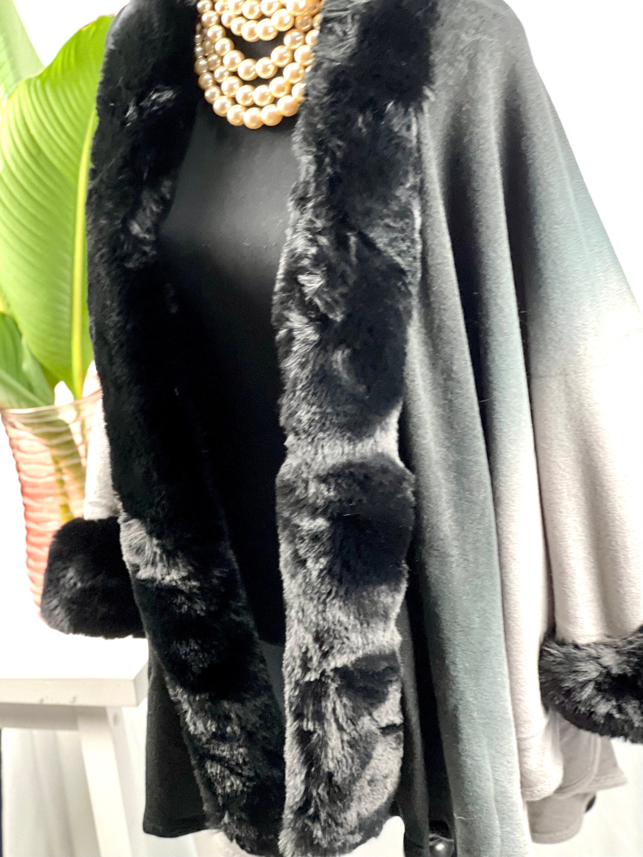 Chic Ombre Black Winter Wool Acrylic Vintage Ruana Batwing Scarf Shawl Faux Fur Wedding Bridal Coat Evening party Soft feel faux fur