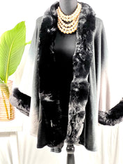 Chic Ombre Black Winter Wool Acrylic Vintage Ruana Batwing Scarf Shawl Faux Fur Wedding Bridal Coat Evening party Soft feel faux fur