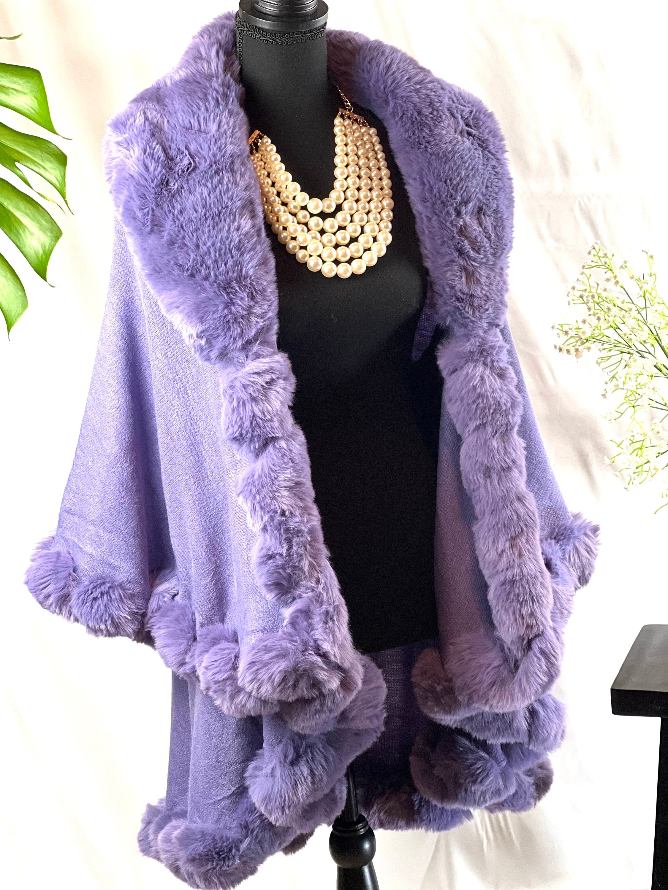 Chic Lavender Purple Faux Fur Cape Double Layer Faux Fur Luxurious Batwing Bridal Coat Evening Party Open Front Cardigan Faux Fur Poncho