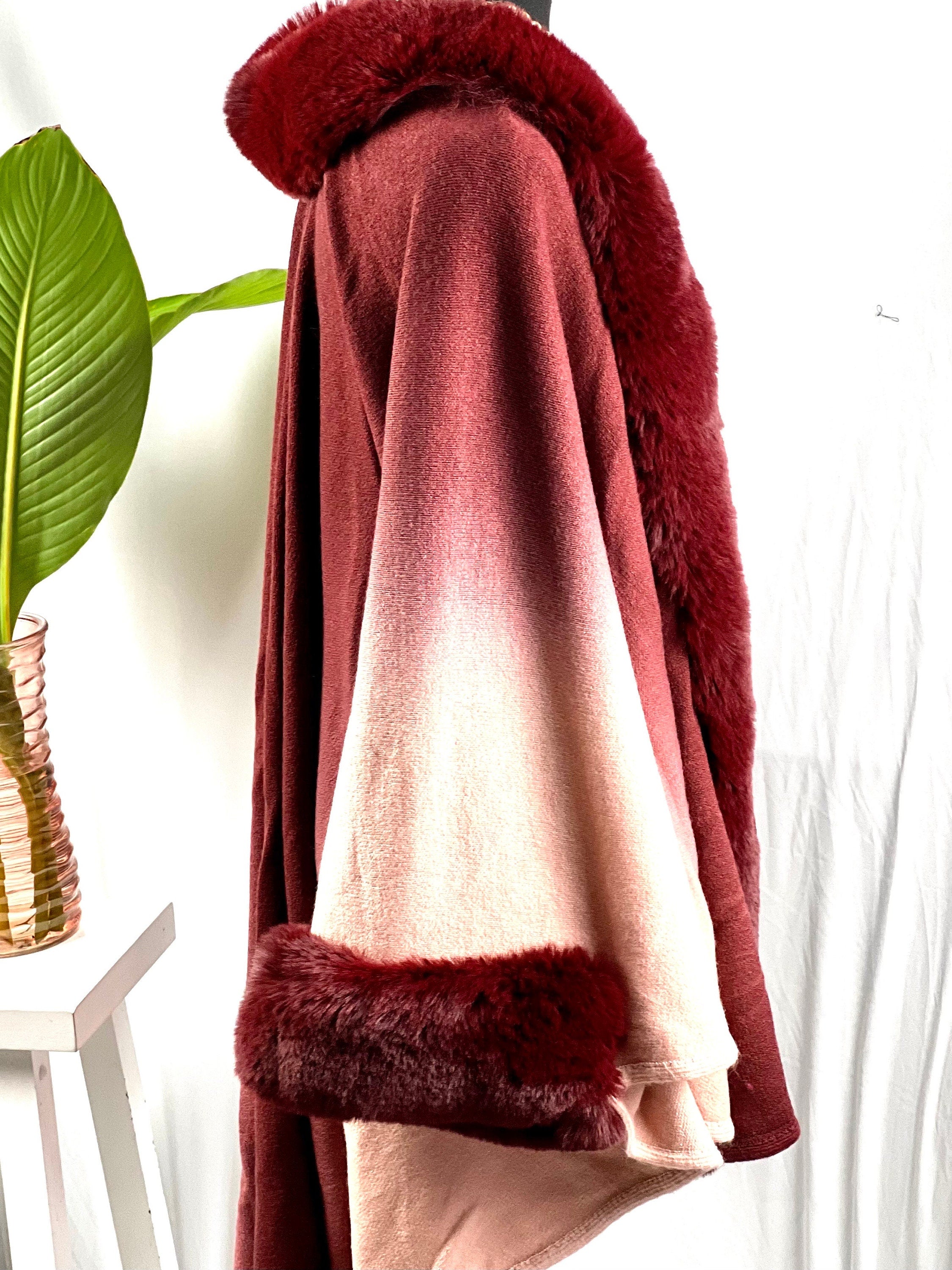 Chic Ombre Burgundy Winter Wool Acrylic Vintage Ruana Batwing Scarf Shawl Faux Fur Wedding Bridal Coat Evening party Soft feel faux fur