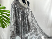 Silver Gray Floral Tassel Sequin Embroidery Sheer Scarf Bling Mesh Scarf Wedding Cape Fringed Evening Shawl, Bling Elegant Wrap