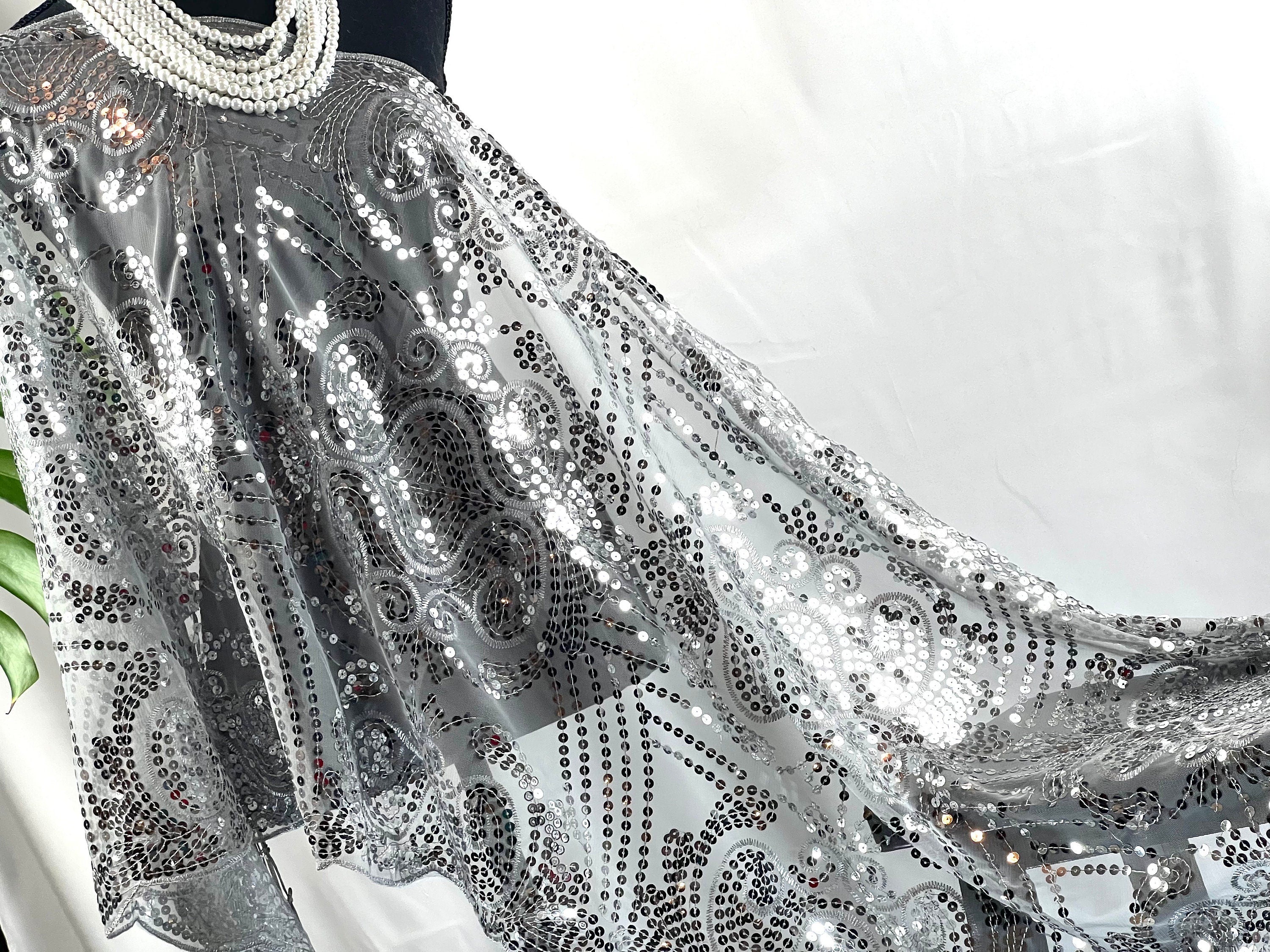 Silver Gray Floral Tassel Sequin Embroidery Sheer Scarf Bling Mesh Scarf Wedding Cape Fringed Evening Shawl, Bling Elegant Wrap