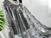 Silver Gray Floral Tassel Sequin Embroidery Sheer Scarf Bling Mesh Scarf Wedding Cape Fringed Evening Shawl, Bling Elegant Wrap