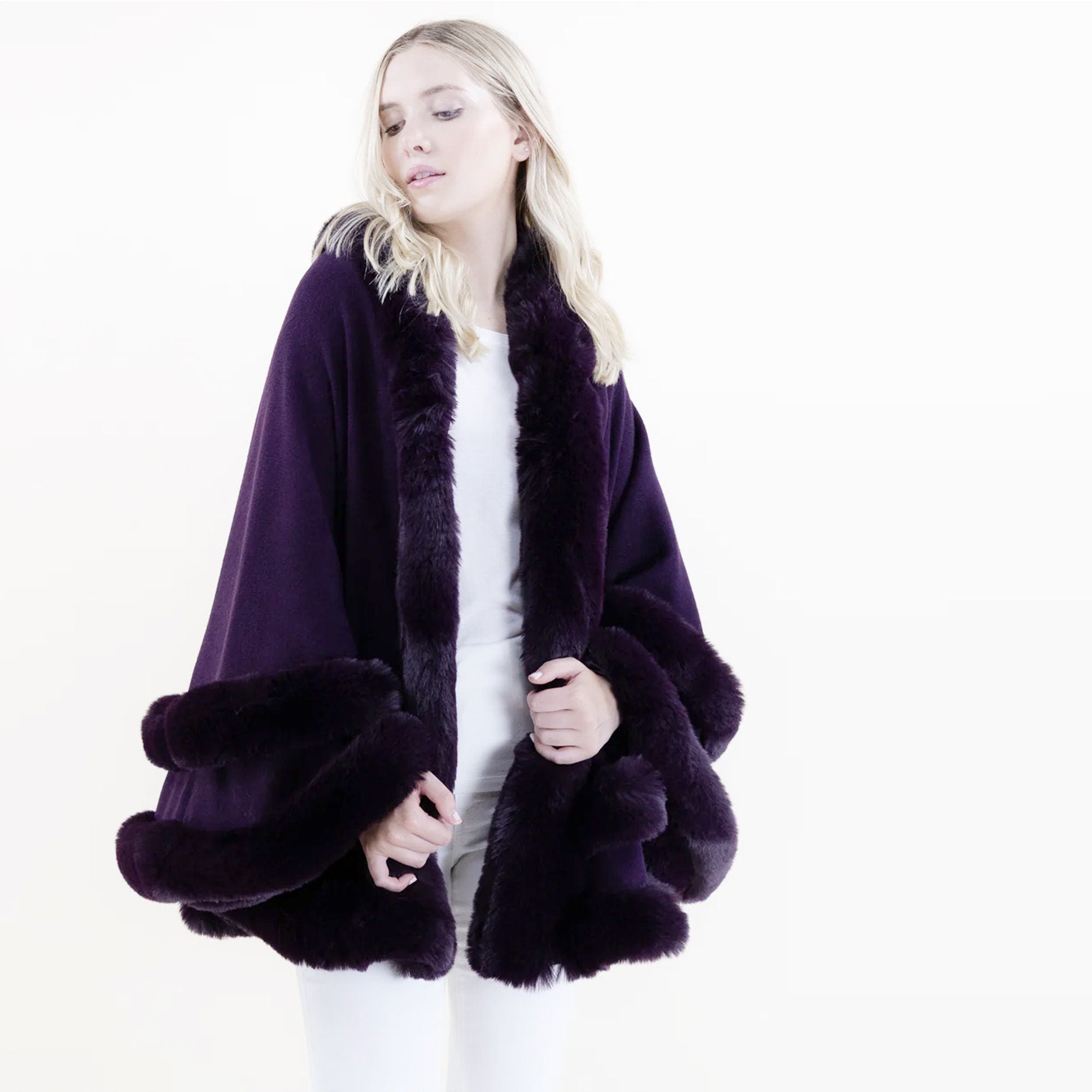 Fur Plum Purple Hoodie Cape Winter Wool Acrylic Vintage Ruana Batwing Shawl Faux Fur Wedding Bridal Coat Evening Party Soft Feel Faux Fur