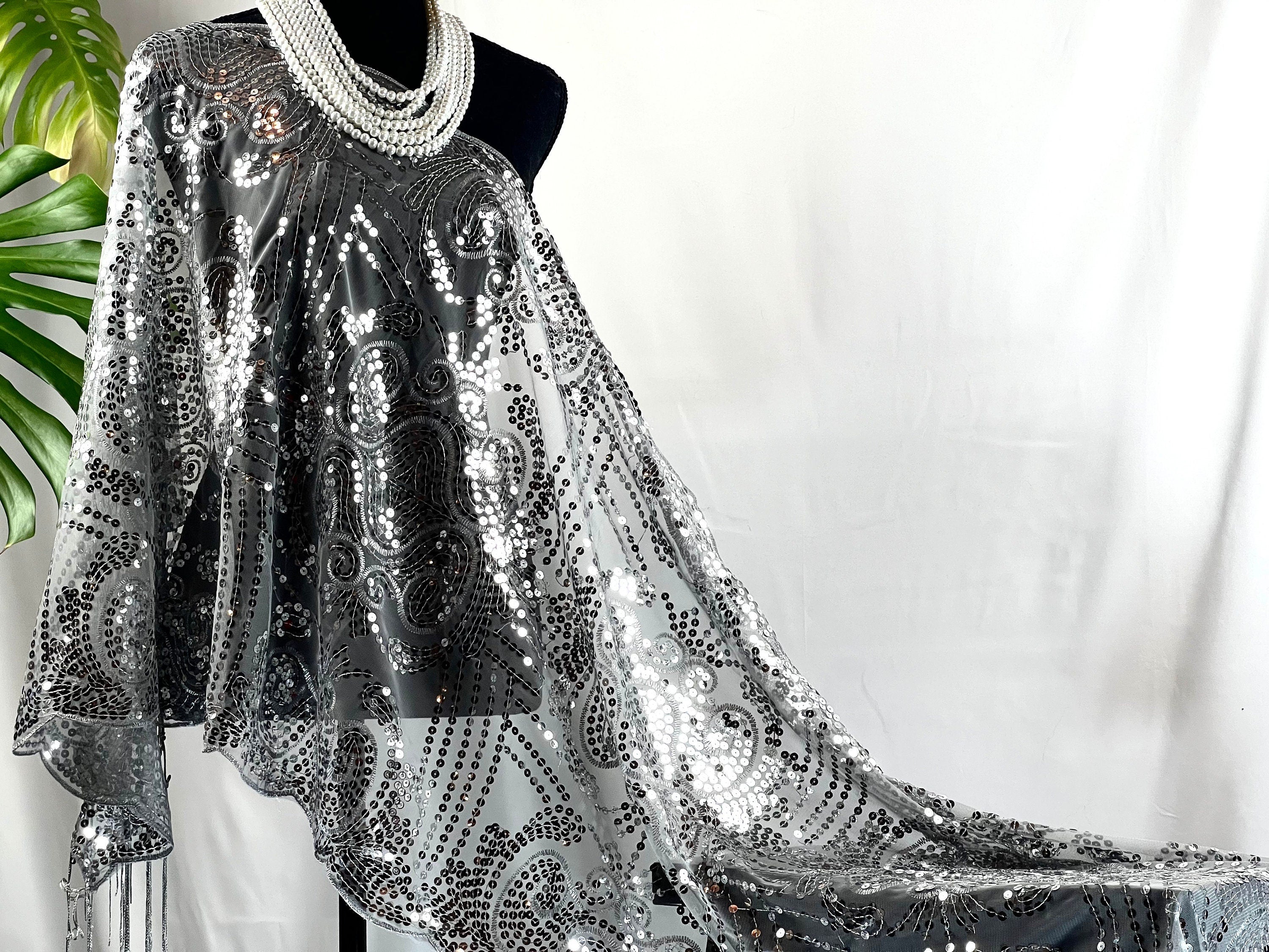 Silver Gray Floral Tassel Sequin Embroidery Sheer Scarf Bling Mesh Scarf Wedding Cape Fringed Evening Shawl, Bling Elegant Wrap