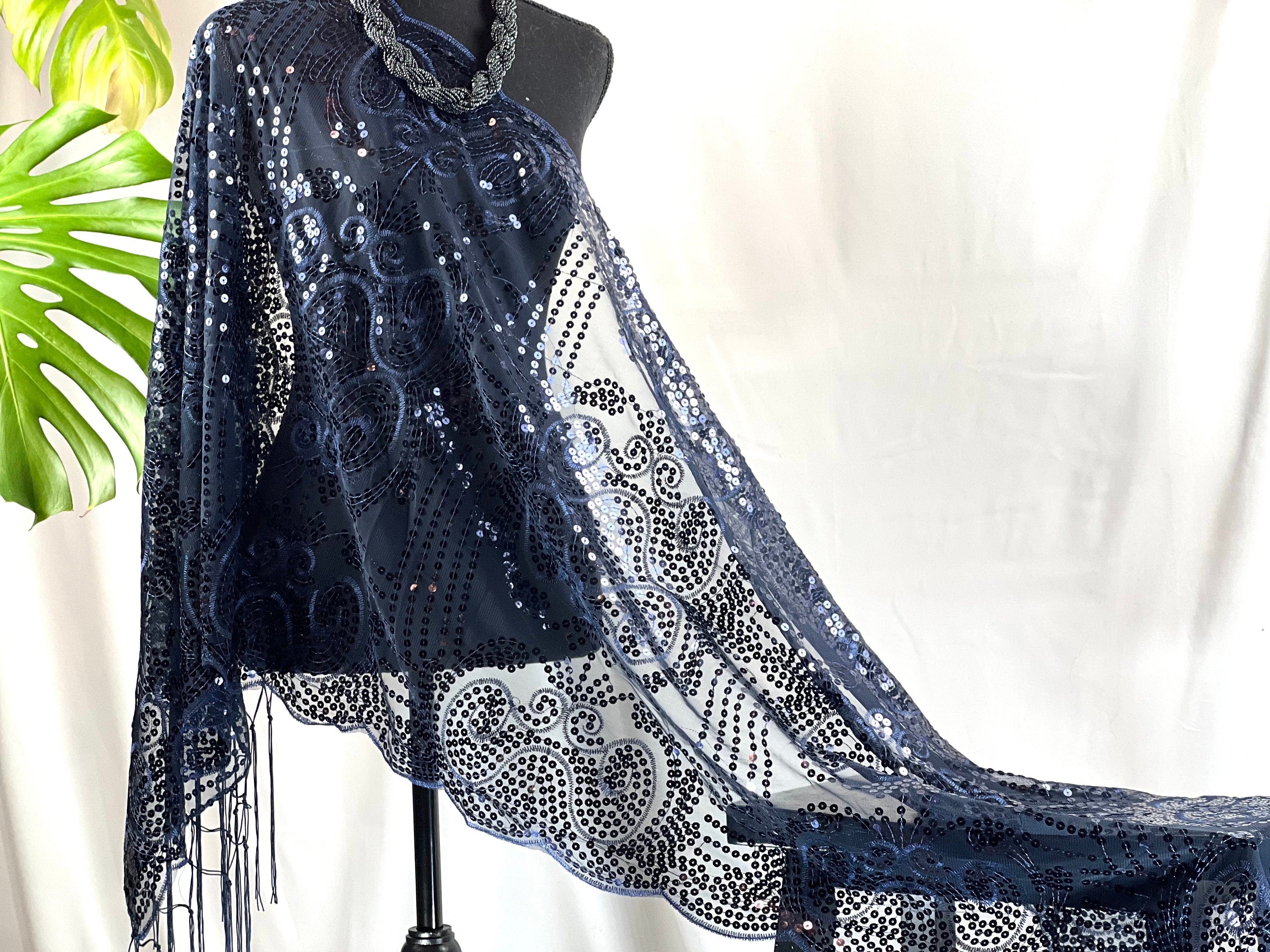 Charming Sparkle Blue Navy Blue Vintage Floral Sequin Mesh Scarf,  Mesh Sequin Wedding Cape Fringed Evening Shawl, Bling Elegant Wrap