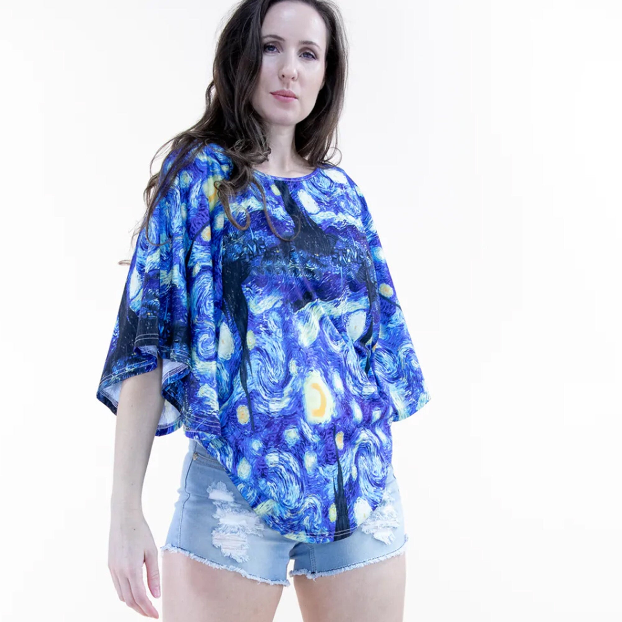 Starry Night by Van Gogh Loose Fit Batwing Top: Artistic Elegance with Iconic Masterpiece Print, Effortlessly Stylish and Comfortable Design