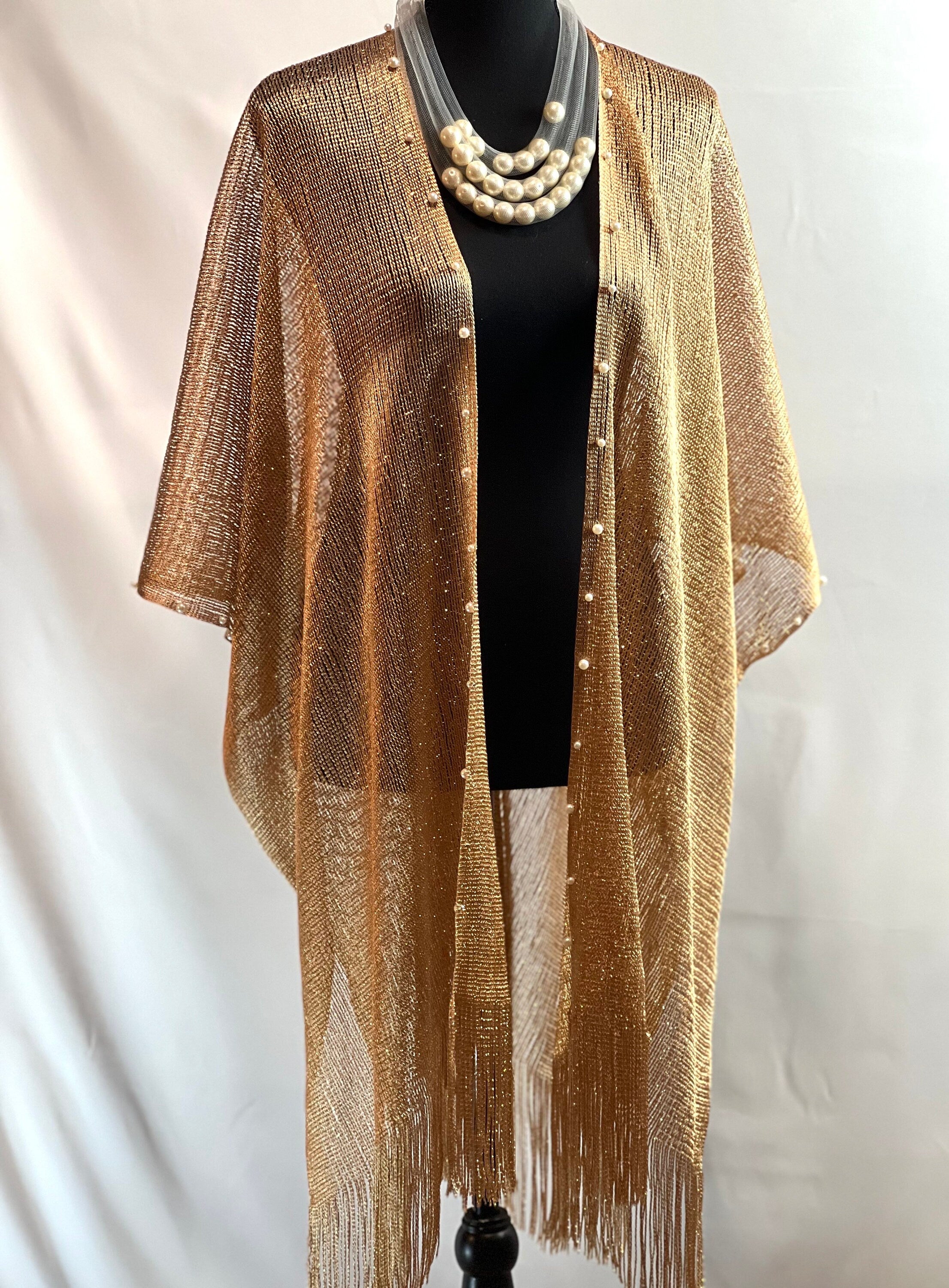 Shinning Gold Mesh Summer Kimono Faux Pearl Decor Summer kimono Resort cruise kimono lightweight kimono Beach coverup Art Lover Kimono