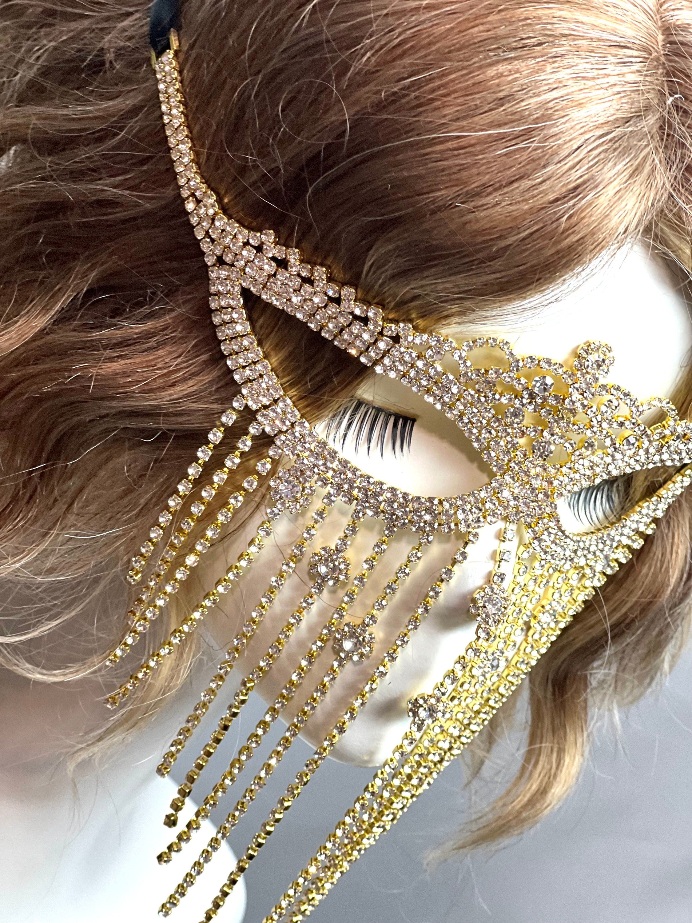 GOLD Crystal Tassel Floral Design Eye Mask Mardi Gras Mask Masquerade Ball Dance Party Mask Wedding crystal mask. Prom crystal mask