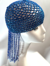 Royal Blue Exotic Cleopatra Head Piece Cap Egyptian Tassel Chain Mardi Gras Festival Hat Gold Mesh Beaded Flapper Stretchy Cap Plastic beads