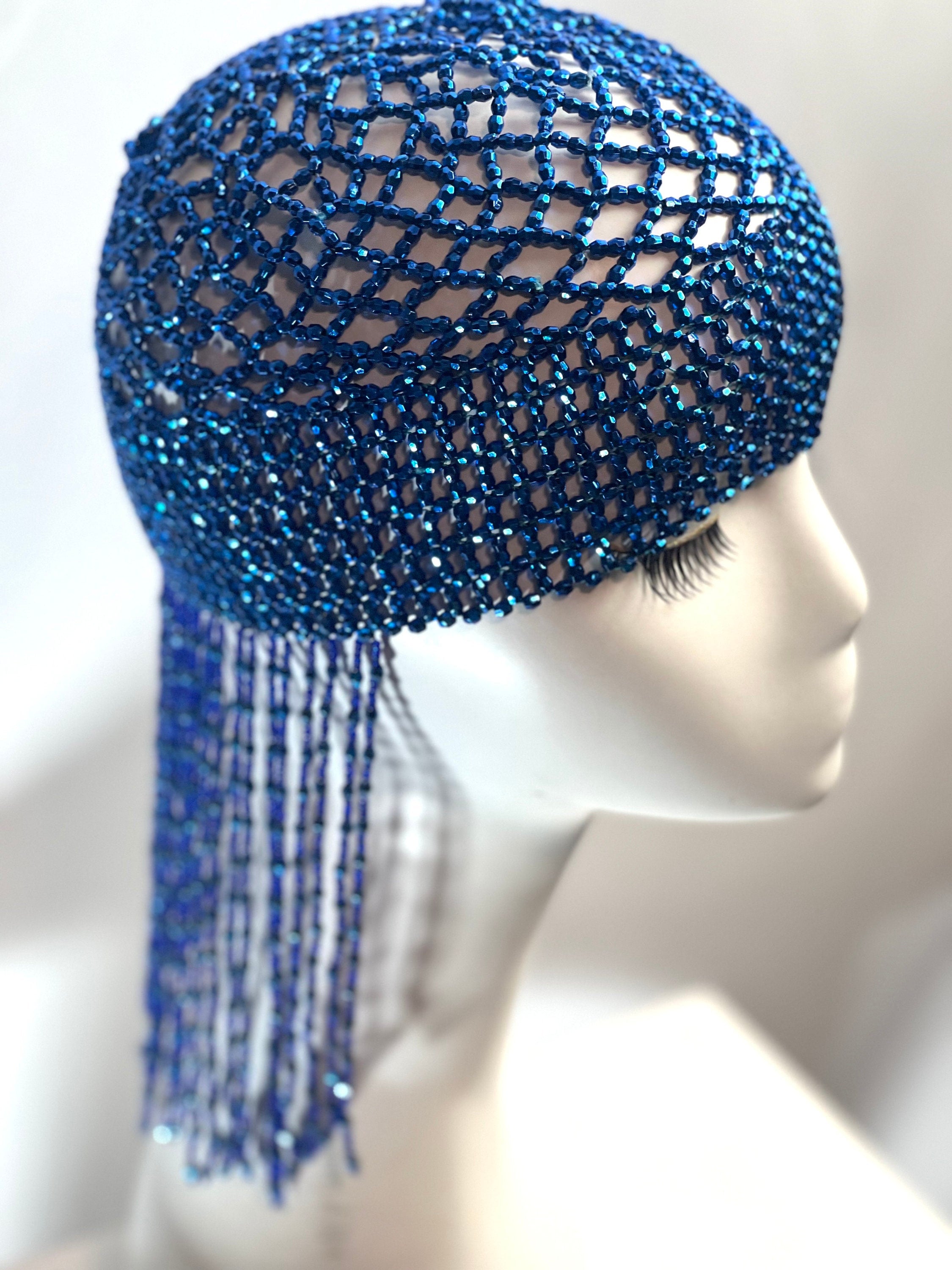 Royal Blue Exotic Cleopatra Head Piece Cap Egyptian Tassel Chain Mardi Gras Festival Hat Gold Mesh Beaded Flapper Stretchy Cap Plastic beads