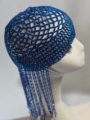 Royal Blue Exotic Cleopatra Head Piece Cap Egyptian Tassel Chain Mardi Gras Festival Hat Gold Mesh Beaded Flapper Stretchy Cap Plastic beads