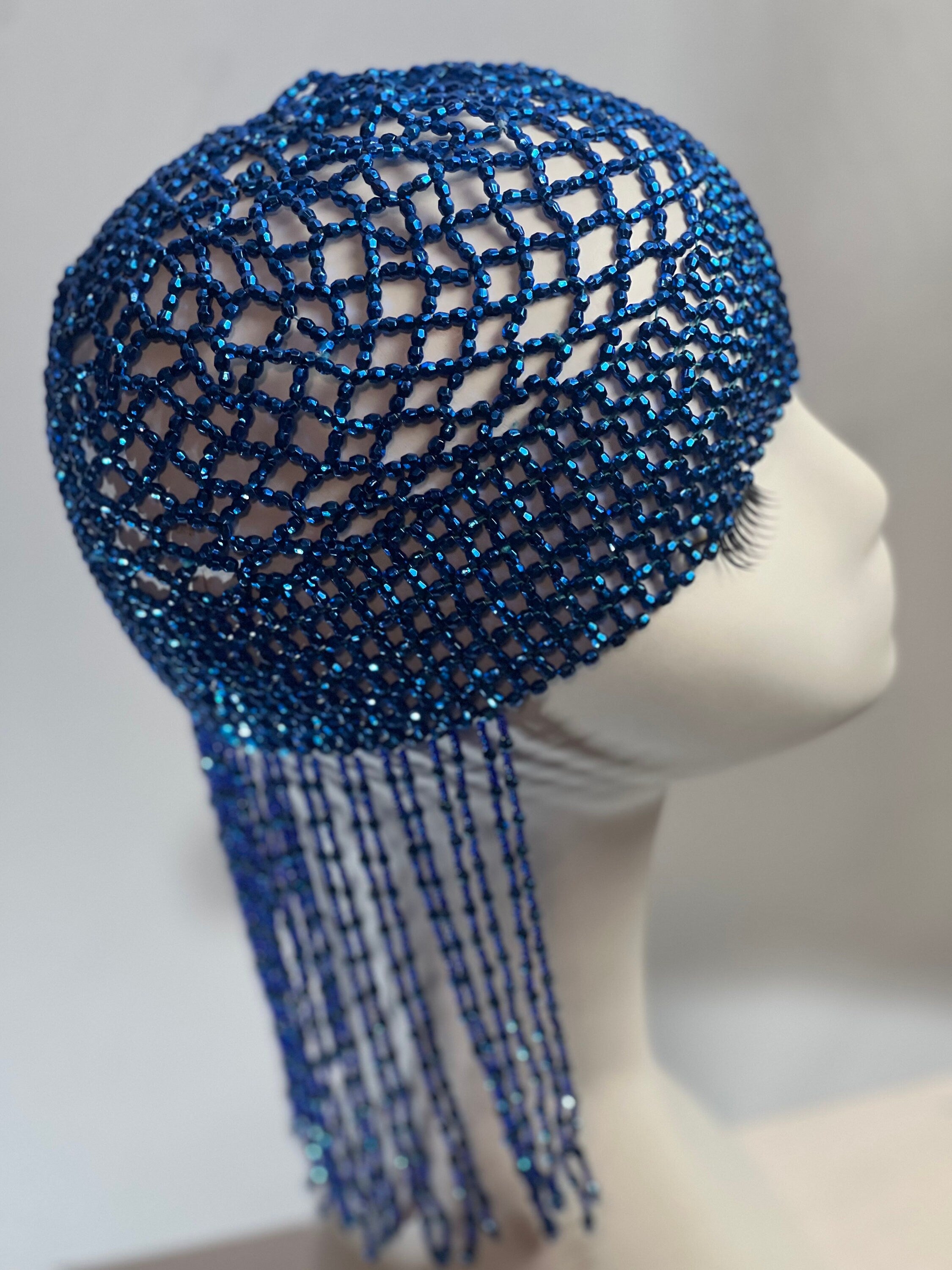 Royal Blue Exotic Cleopatra Head Piece Cap Egyptian Tassel Chain Mardi Gras Festival Hat Gold Mesh Beaded Flapper Stretchy Cap Plastic beads