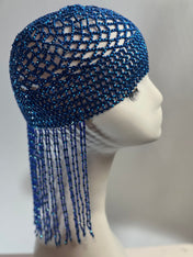 Royal Blue Exotic Cleopatra Head Piece Cap Egyptian Tassel Chain Mardi Gras Festival Hat Gold Mesh Beaded Flapper Stretchy Cap Plastic beads