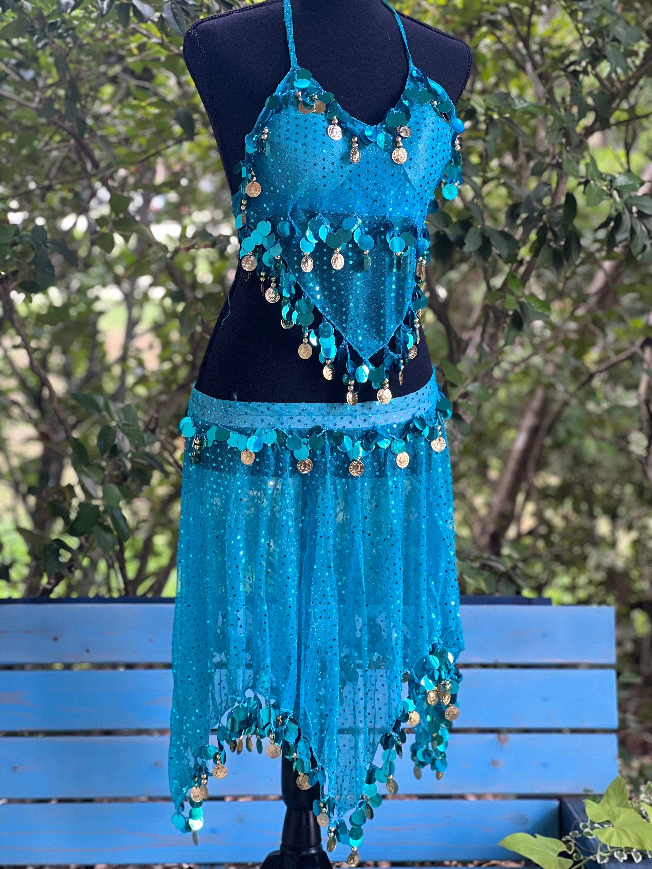 Blue Tassel Bra Hip Scarf 2 pcs , Belly Dance Belt Performance Skirt. Belly Dance Hip Scarf Skirt Waist Chance Dance Belt Festival Clothing