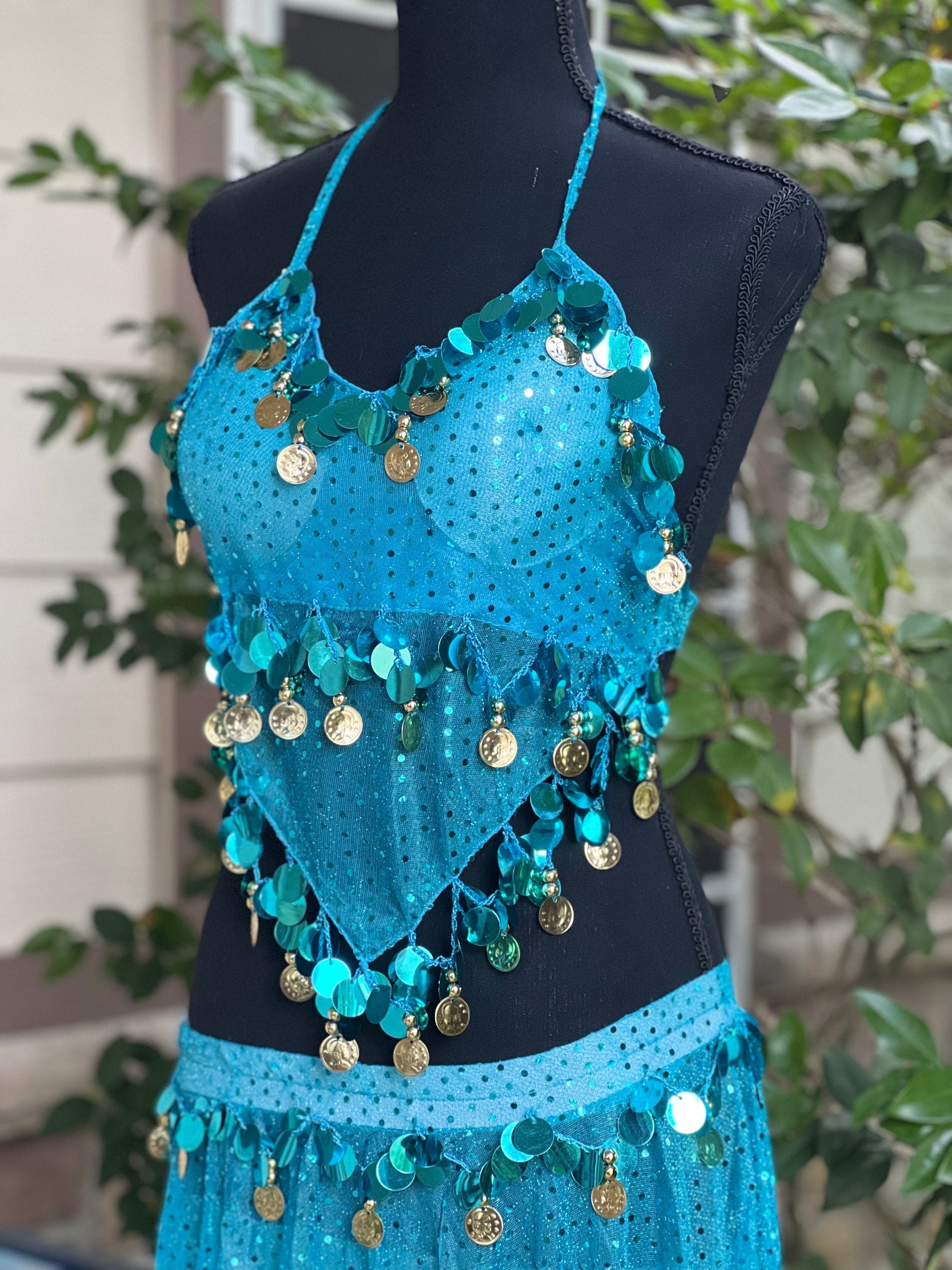 Blue Tassel Bra Hip Scarf 2 pcs , Belly Dance Belt Performance Skirt. Belly Dance Hip Scarf Skirt Waist Chance Dance Belt Festival Clothing