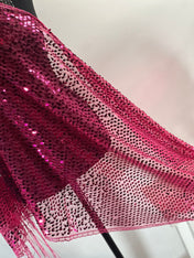 Fuchsia Pink Vintage  Sequin Mesh Fuchsia Pink Scarf,  Mesh Sequin Wedding Cape Fringed Evening Shawl, Bling Elegant Wrap Wedding Shawl