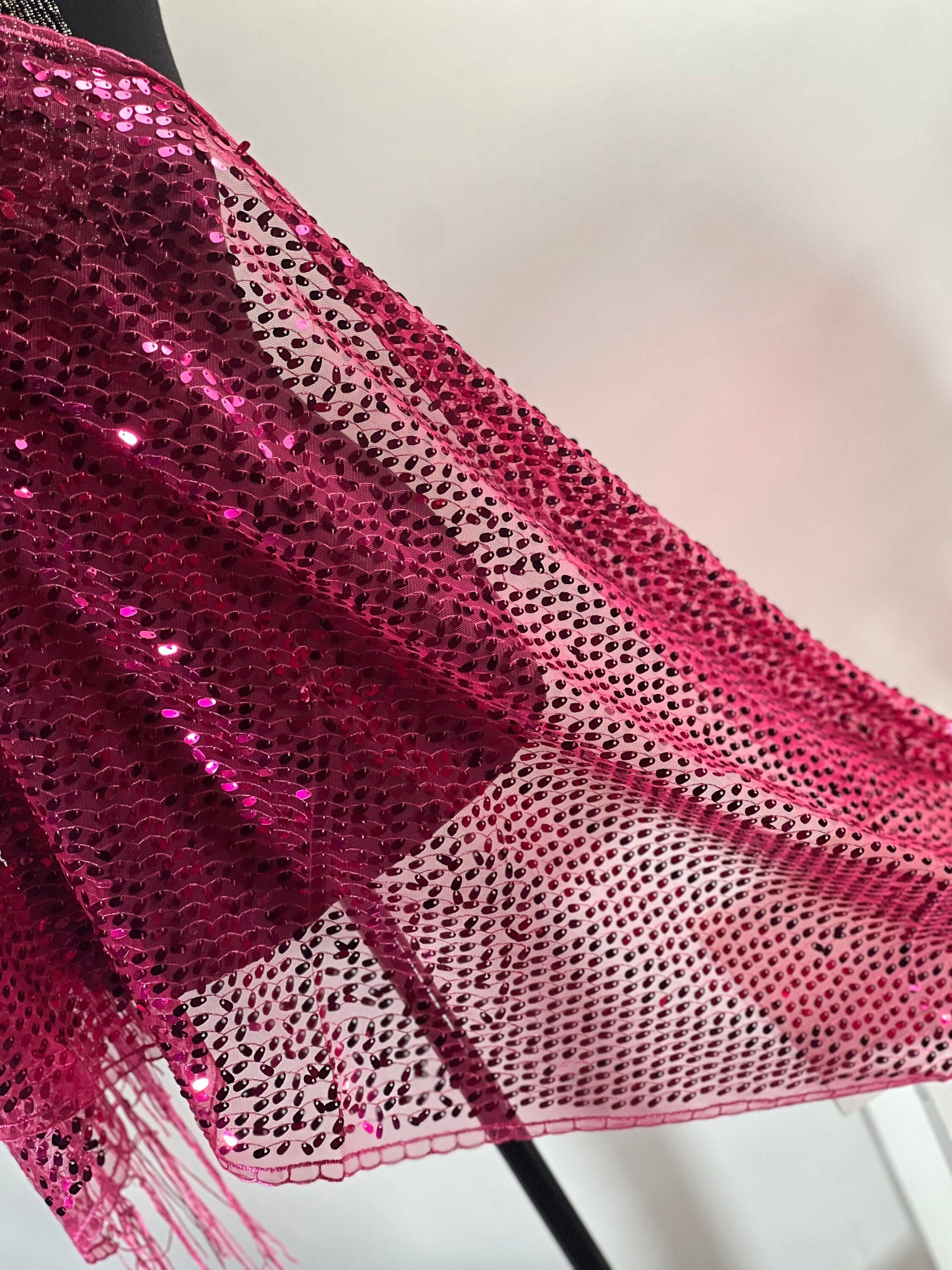 Fuchsia Pink Vintage  Sequin Mesh Fuchsia Pink Scarf,  Mesh Sequin Wedding Cape Fringed Evening Shawl, Bling Elegant Wrap Wedding Shawl