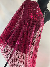 Fuchsia Pink Vintage  Sequin Mesh Fuchsia Pink Scarf,  Mesh Sequin Wedding Cape Fringed Evening Shawl, Bling Elegant Wrap Wedding Shawl