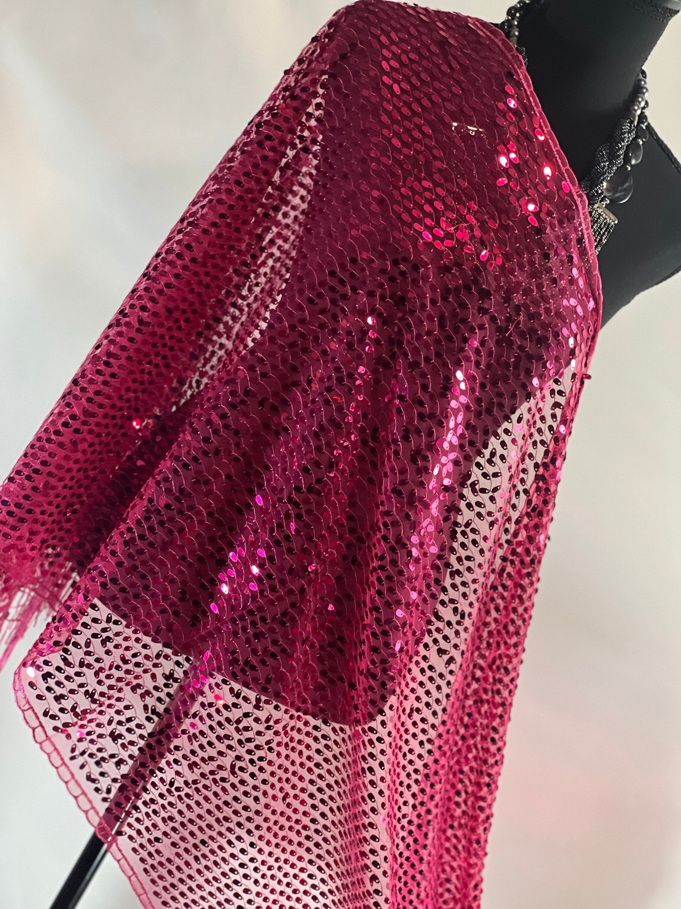 Fuchsia Pink Vintage  Sequin Mesh Fuchsia Pink Scarf,  Mesh Sequin Wedding Cape Fringed Evening Shawl, Bling Elegant Wrap Wedding Shawl