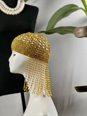 Gold Exotic Cleopatra Head Piece Cap Egyptian Tassel Chain Mardi Gras Festival Hat Gold Mesh Beaded Flapper Stretchy Cap Plastic beads