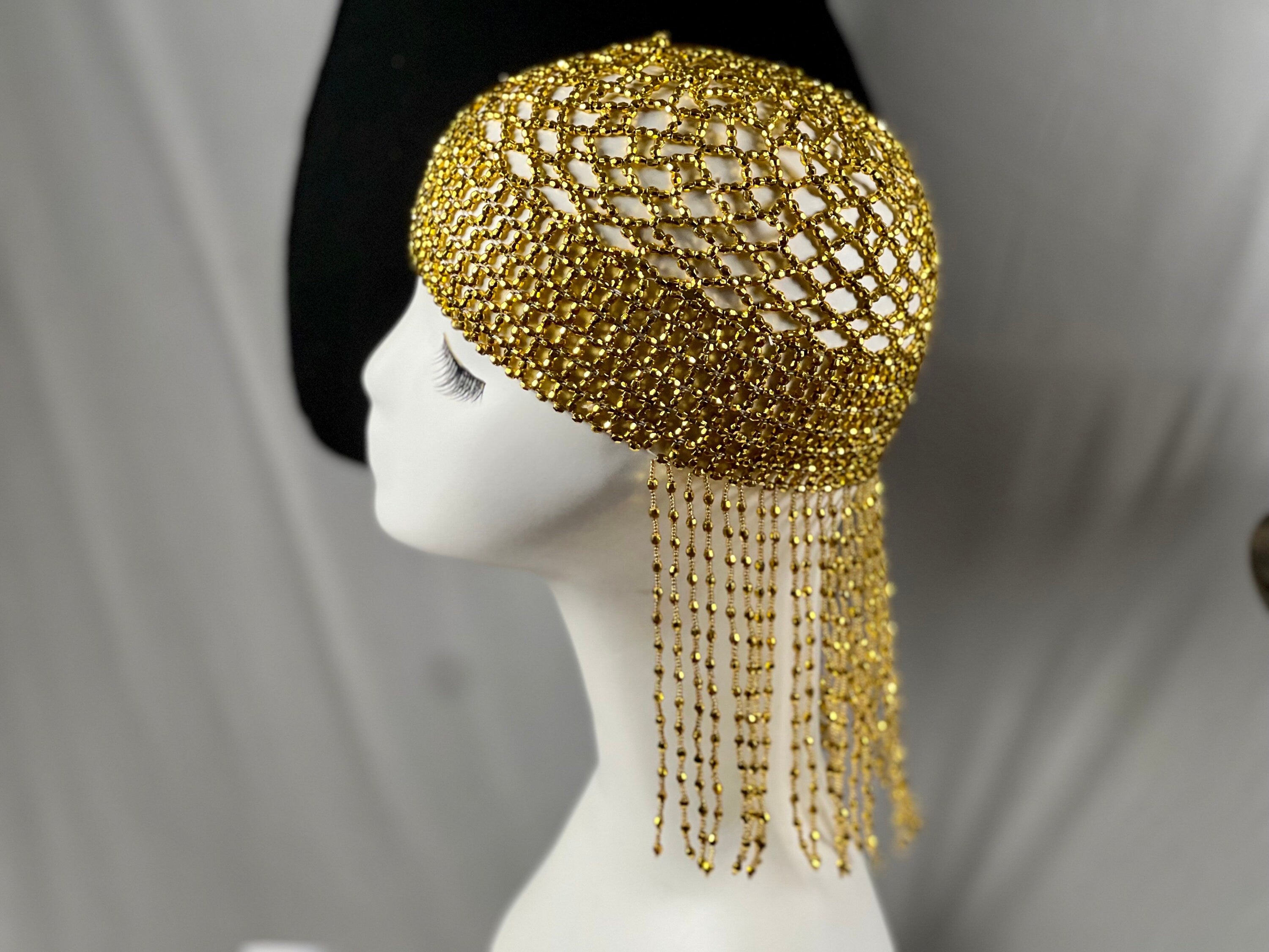 Gold Exotic Cleopatra Head Piece Cap Egyptian Tassel Chain Mardi Gras Festival Hat Gold Mesh Beaded Flapper Stretchy Cap Plastic beads