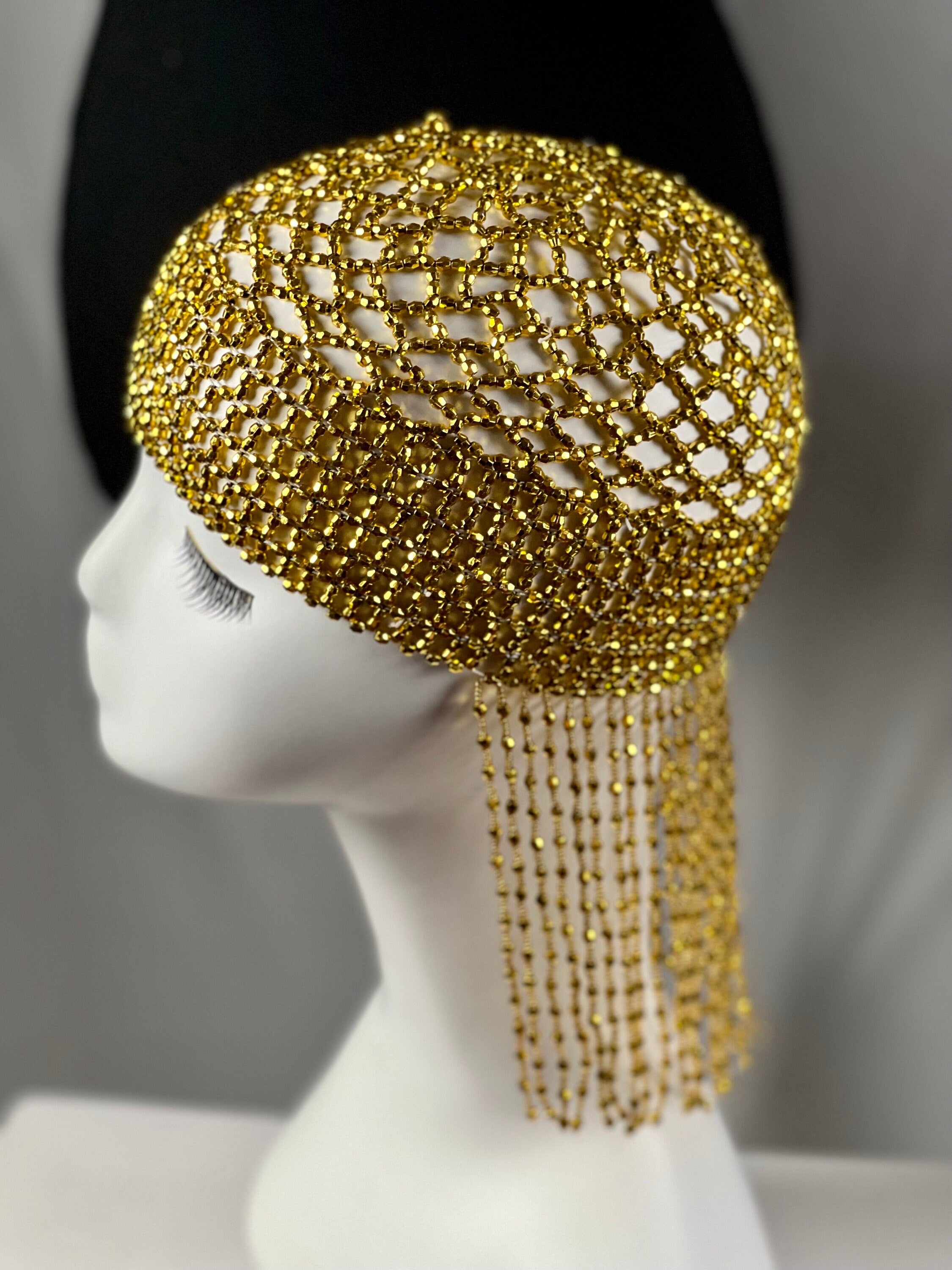 Gold Exotic Cleopatra Head Piece Cap Egyptian Tassel Chain Mardi Gras Festival Hat Gold Mesh Beaded Flapper Stretchy Cap Plastic beads