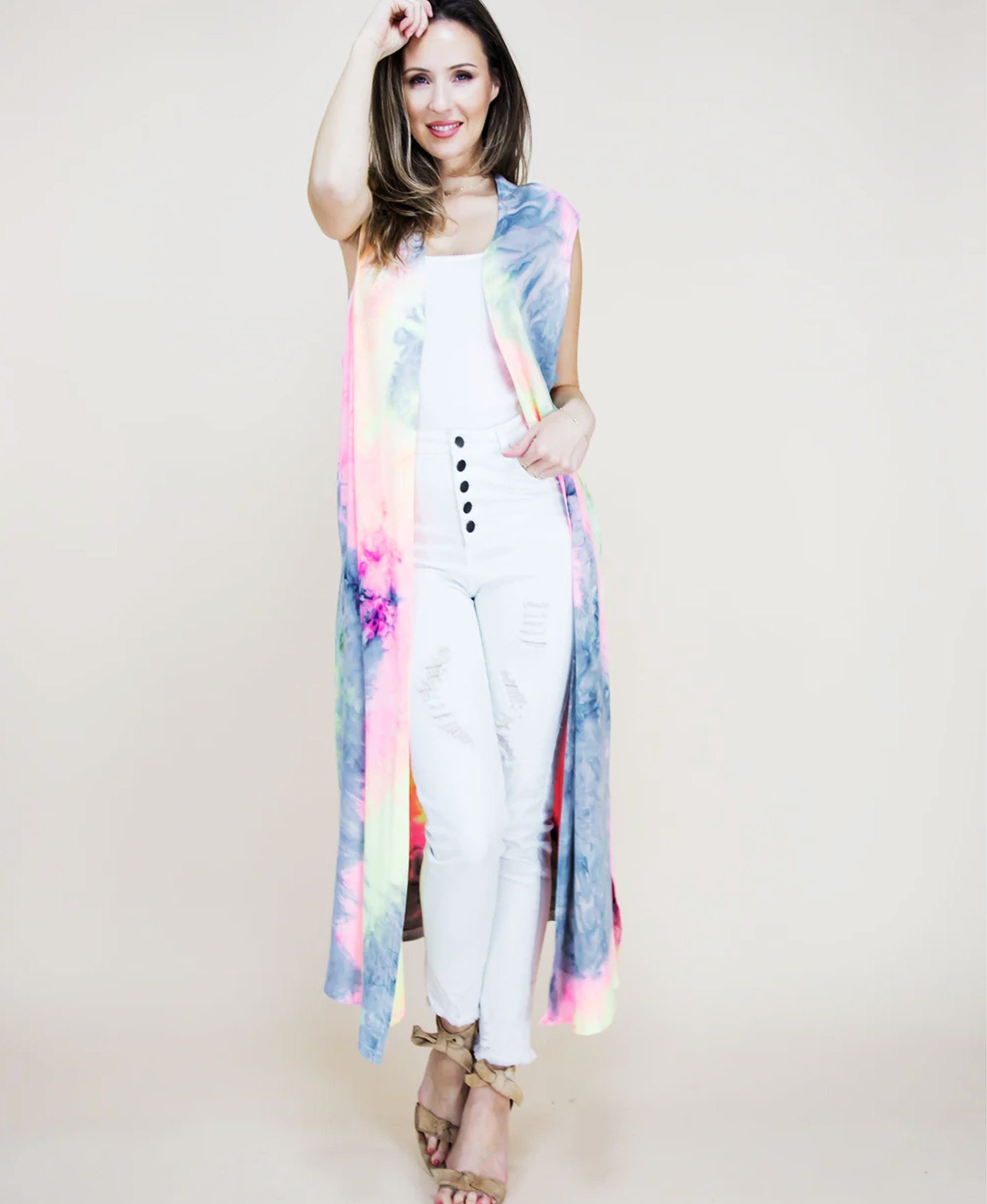 Summer Tie Dye Sleeveless Kimono blouse Summer kimono Resort cruise kimono lightweight kimono Beach coverup Art Lover Kimono