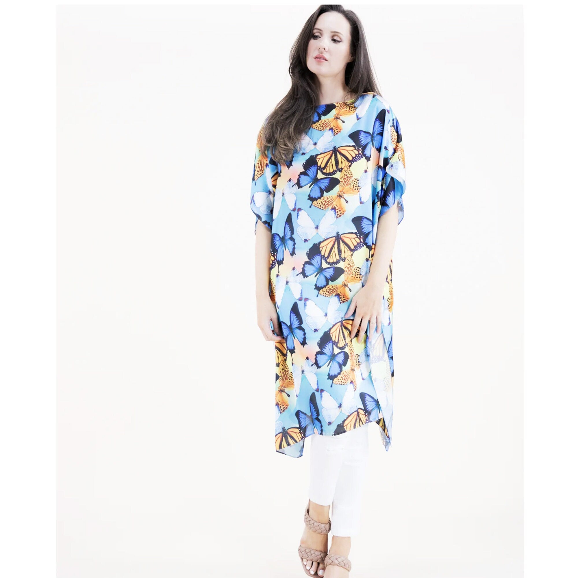 Butterfly Print Silky Kaftan Summer Caftan Resort Dress Beach Coverup Relax Fit Dress Artful print Kaftan Stylish Fashion Dress Lightweight