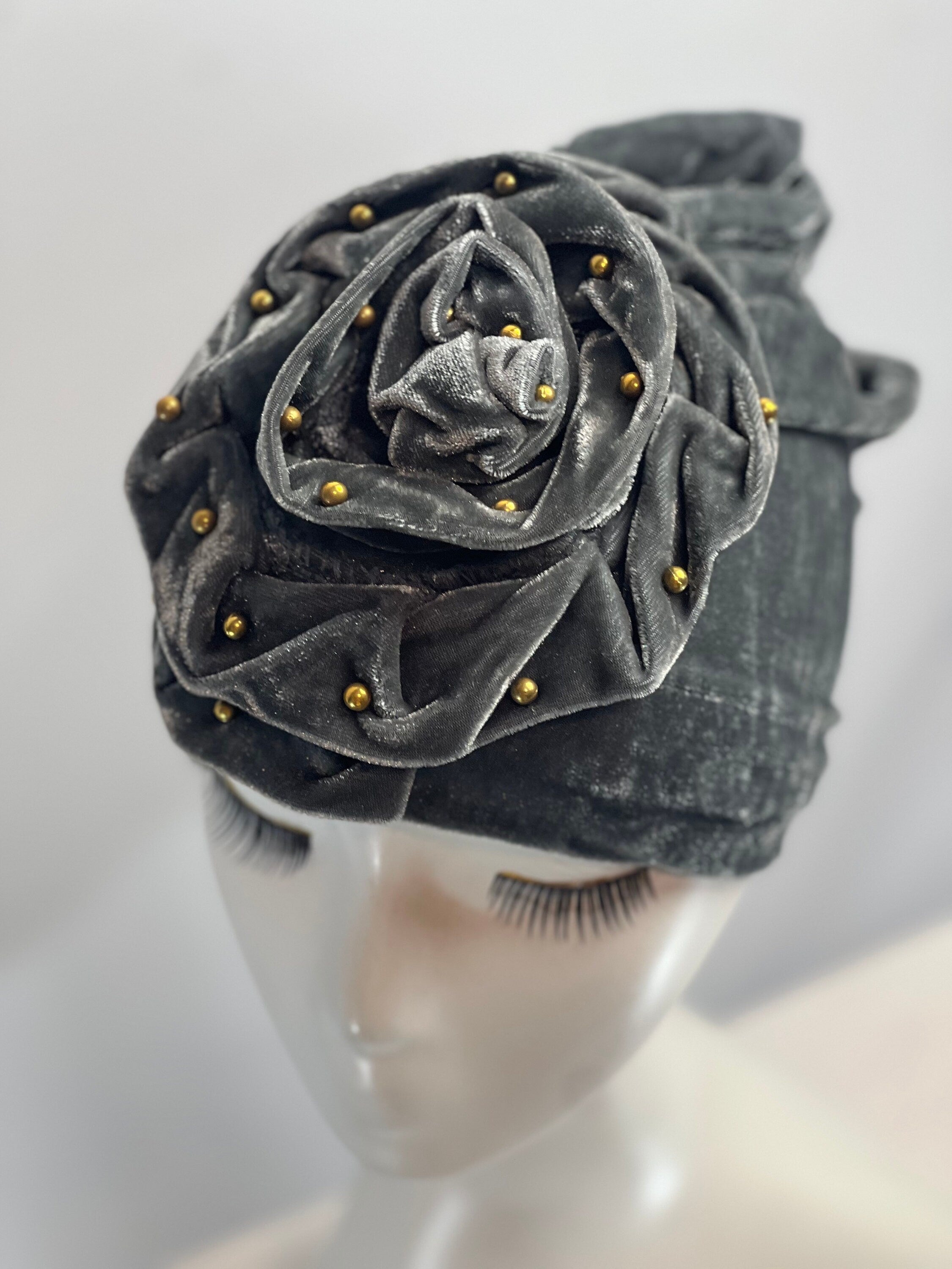 GRAY Bling TURBAN Hat With Rose Decor Velvet Charming Rose Flower Turban Cap Gold Beads Shiny Sketchy Head Scarf Headwrap Beanie