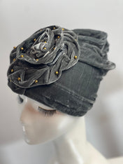 GRAY Bling TURBAN Hat With Rose Decor Velvet Charming Rose Flower Turban Cap Gold Beads Shiny Sketchy Head Scarf Headwrap Beanie