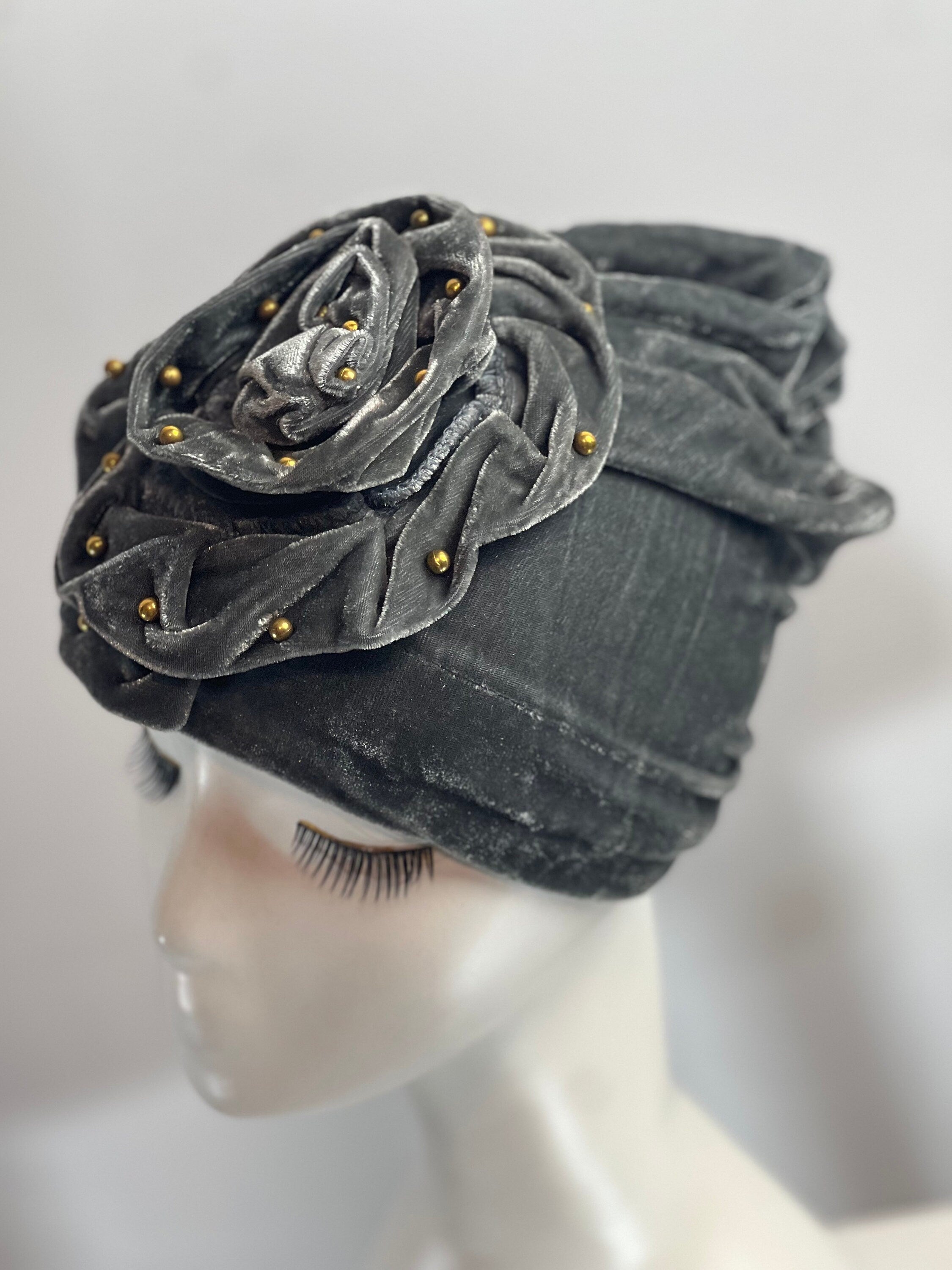 GRAY Bling TURBAN Hat With Rose Decor Velvet Charming Rose Flower Turban Cap Gold Beads Shiny Sketchy Head Scarf Headwrap Beanie