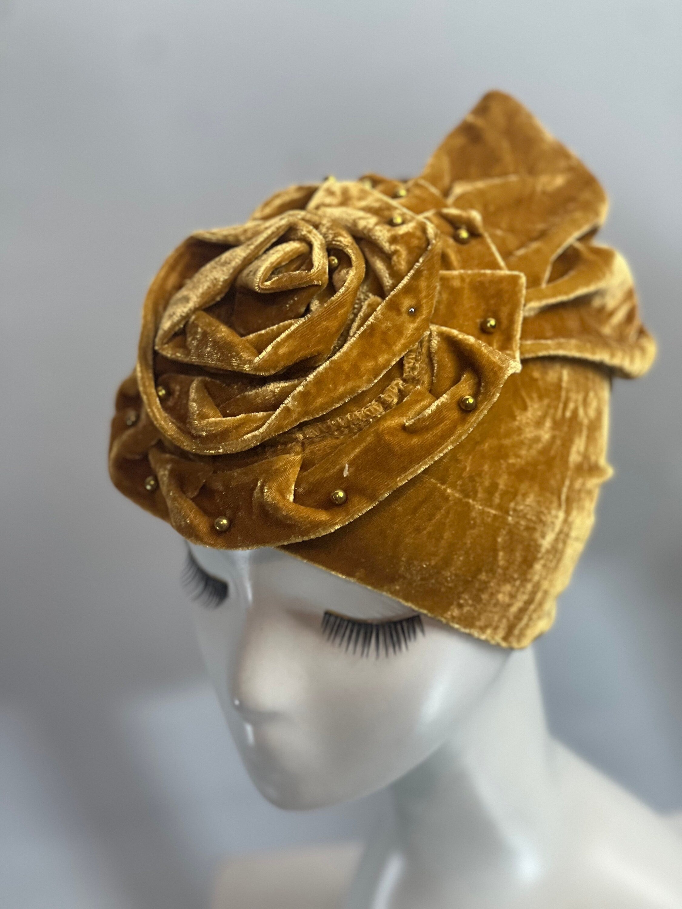 GOLD Yellow Bling TURBAN Hat With Rose Decor Velvet Charming Rose Flower Turban Cap Gold Beads Shiny Sketchy Head Scarf Headwrap Beanie